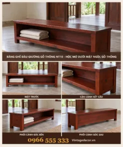 Băng Ghế Đầu Giường Gỗ Thông NT10 - Hộc Mở Dưới Mặt Ngồi, Gỗ Thông