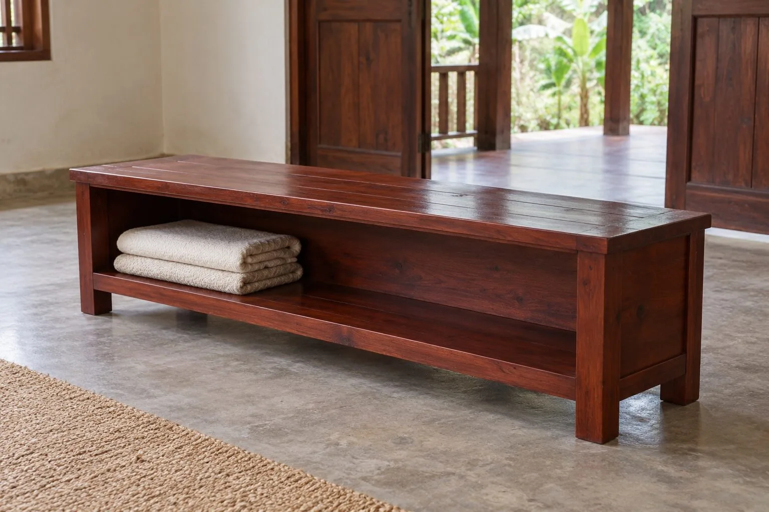 Băng ghế gỗ NT10 nâu đỏ không tựa, hộc mở chạy suốt bên dưới có khăn gấp sẵn, đặt trên nền láng