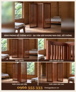 Bình phong gỗ NT21 ba tấm gấp nan dọc – ảnh ghép mặt trước, cận nan, góc bên, góc sau