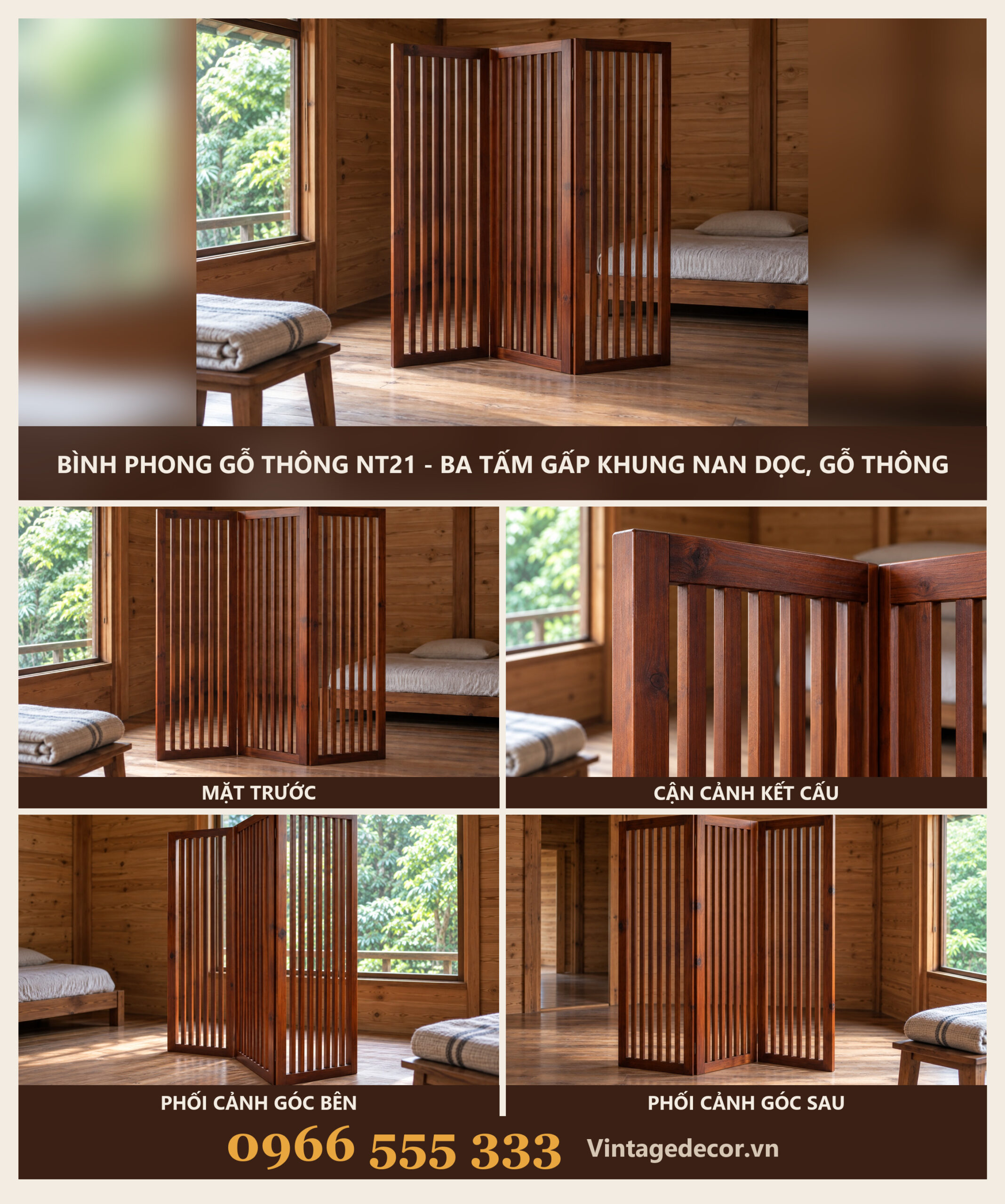 Bình Phong Gỗ Thông NT21 - Ba Tấm Gấp Khung Nan Dọc, Gỗ Thông Bình Phong Gỗ Thông NT21 - Ba Tấm Gấp Khung Nan Dọc, Gỗ Thông