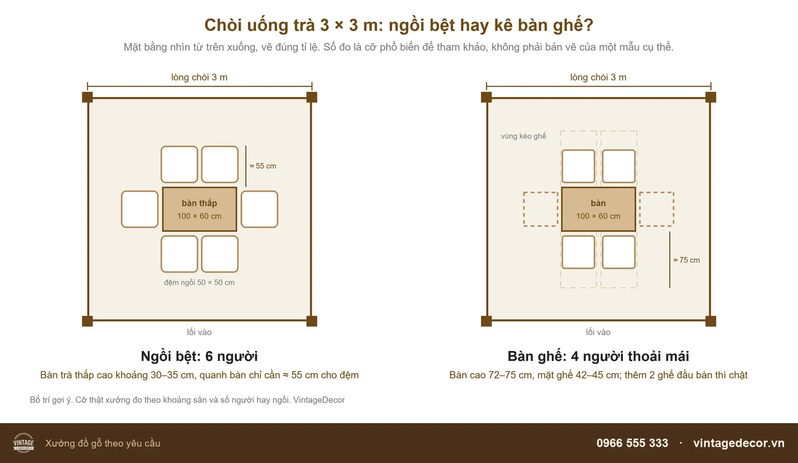 Sơ đồ mặt bằng chòi uống trà 3x3 m ngồi bệt và bàn ghế