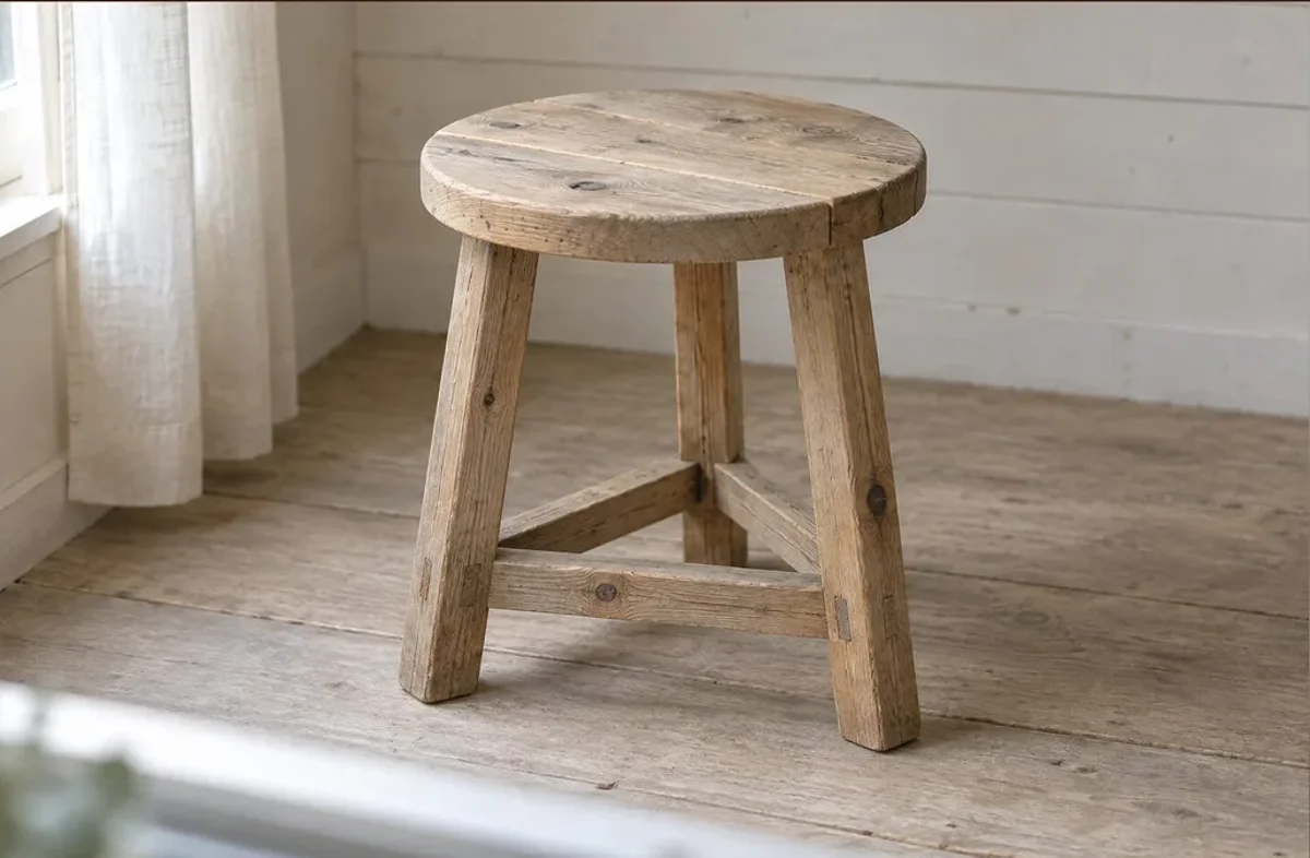 Ghế đôn gỗ thông màu vintage xám mộc