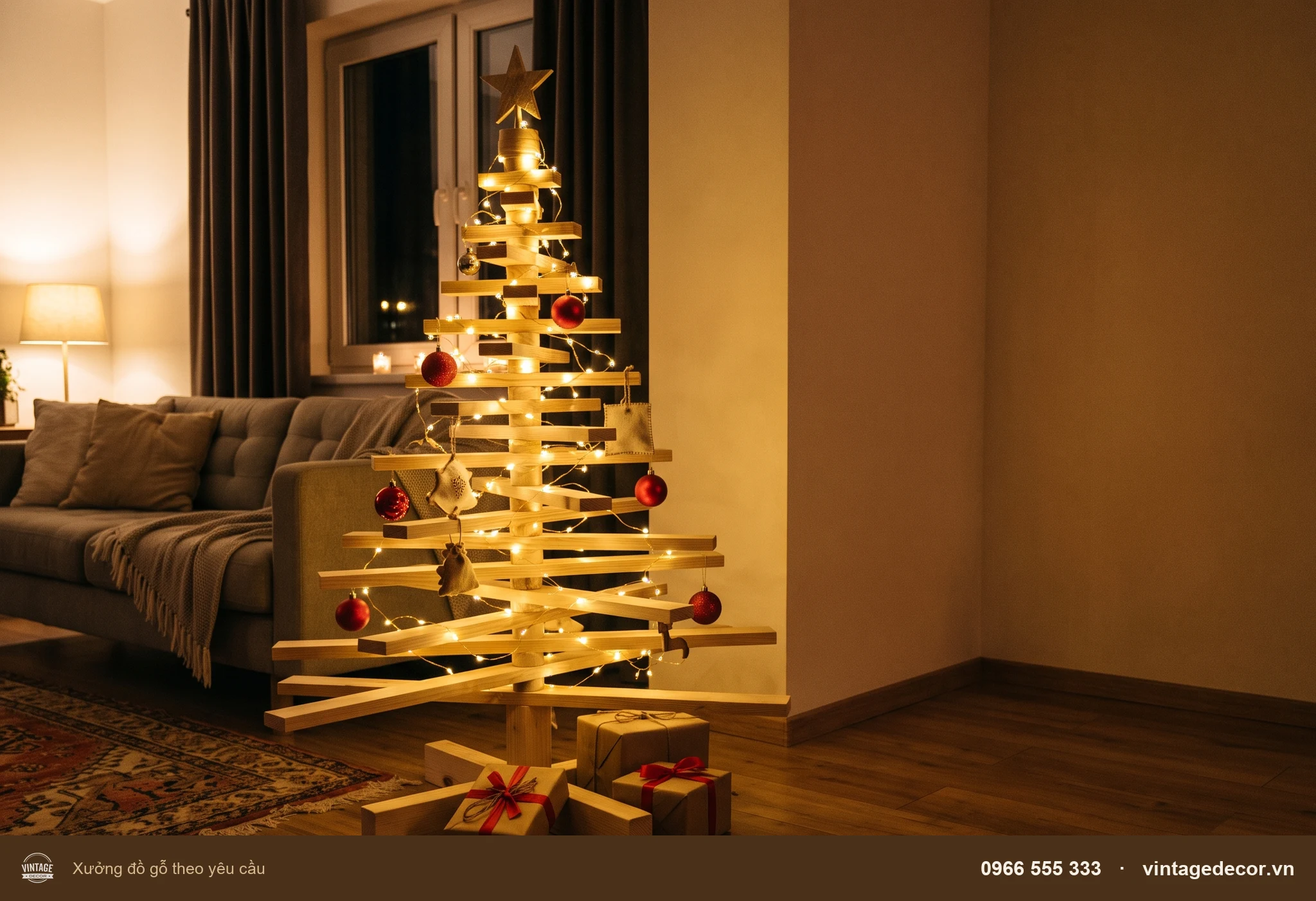 Cây thông Noel từ thanh gỗ thông xếp tầng ngắn dần quanh trục giữa, đế chữ thập, treo đèn dây ánh vàng