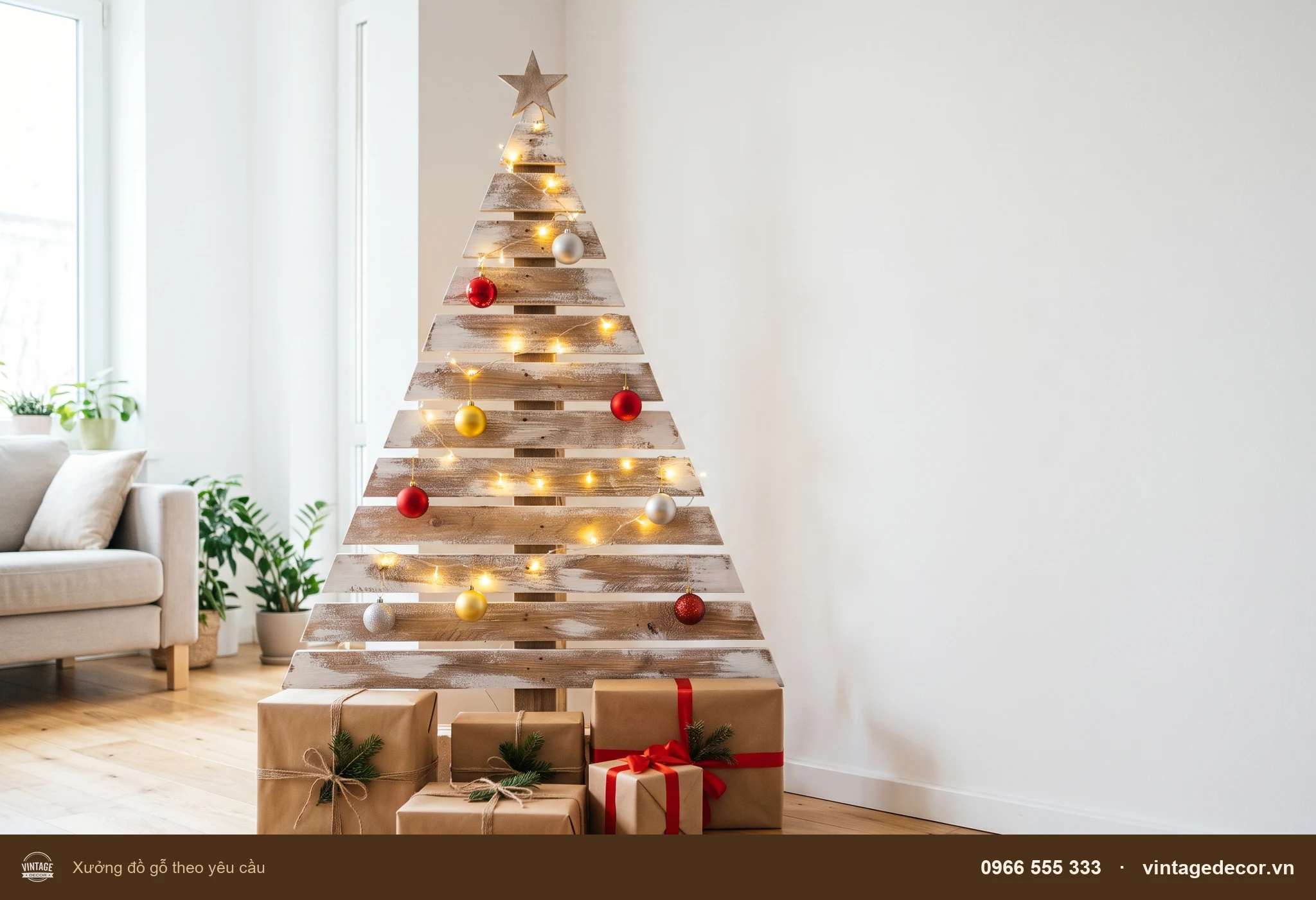 Cây thông Noel ghép từ ván pallet thành tấm tam giác dựng tựa tường, mép ván sơn trắng, treo vài quả châu