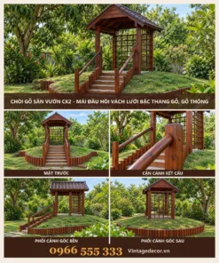 Chòi Gỗ Sân Vườn CK2 - Mái Đầu Hồi Vách Lưới Bậc Thang Gỗ, Gỗ Thông