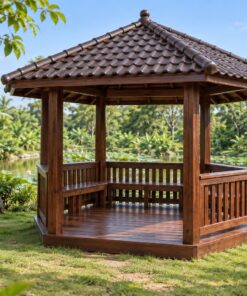 Chòi Gỗ Sân Vườn T100 - Lục Giác Lan Can Bản Rộng Ngồi Tựa Được, Gỗ Thông Màu Nâu Cánh Gián