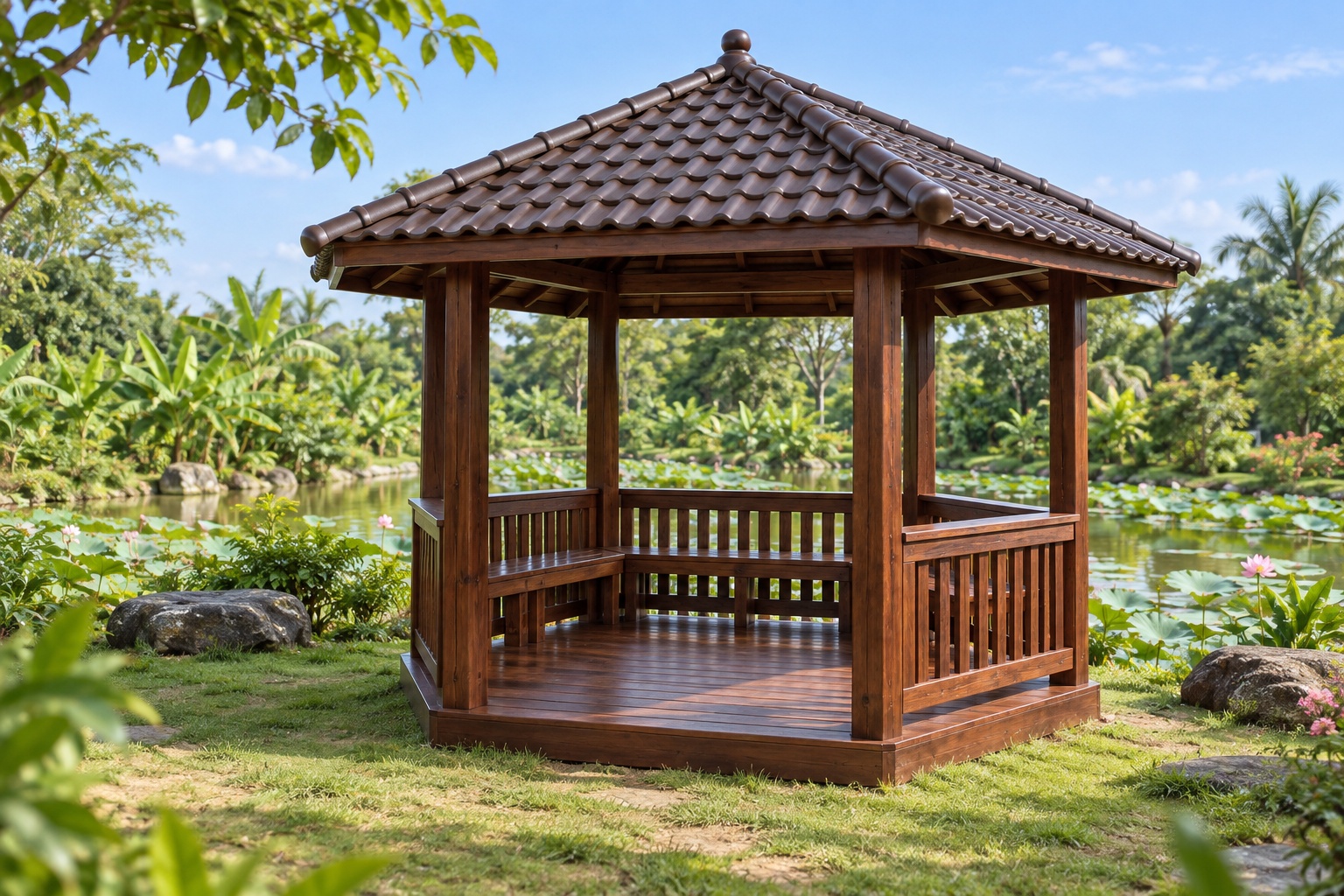 Chòi Gỗ Sân Vườn T100 - Lục Giác Lan Can Bản Rộng Ngồi Tựa Được, Gỗ Thông Màu Nâu Cánh Gián Chòi Gỗ Sân Vườn T100 - Lục Giác Lan Can Bản Rộng Ngồi Tựa Được, Gỗ Thông Màu Nâu Cánh Gián