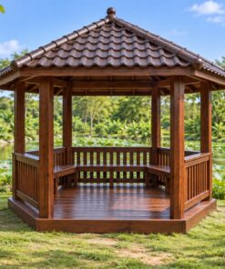 Chòi Gỗ Sân Vườn T100 - Lục Giác Lan Can Bản Rộng Ngồi Tựa Được, Gỗ Thông Màu Nâu Cánh Gián