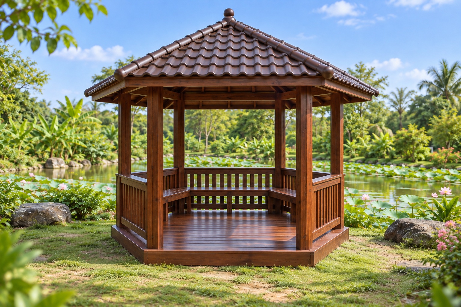Chòi Gỗ Sân Vườn T100 - Lục Giác Lan Can Bản Rộng Ngồi Tựa Được, Gỗ Thông Màu Nâu Cánh Gián Chòi Gỗ Sân Vườn T100 - Lục Giác Lan Can Bản Rộng Ngồi Tựa Được, Gỗ Thông Màu Nâu Cánh Gián