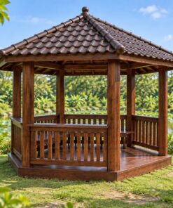 Chòi Gỗ Sân Vườn T100 - Lục Giác Lan Can Bản Rộng Ngồi Tựa Được, Gỗ Thông Màu Nâu Cánh Gián