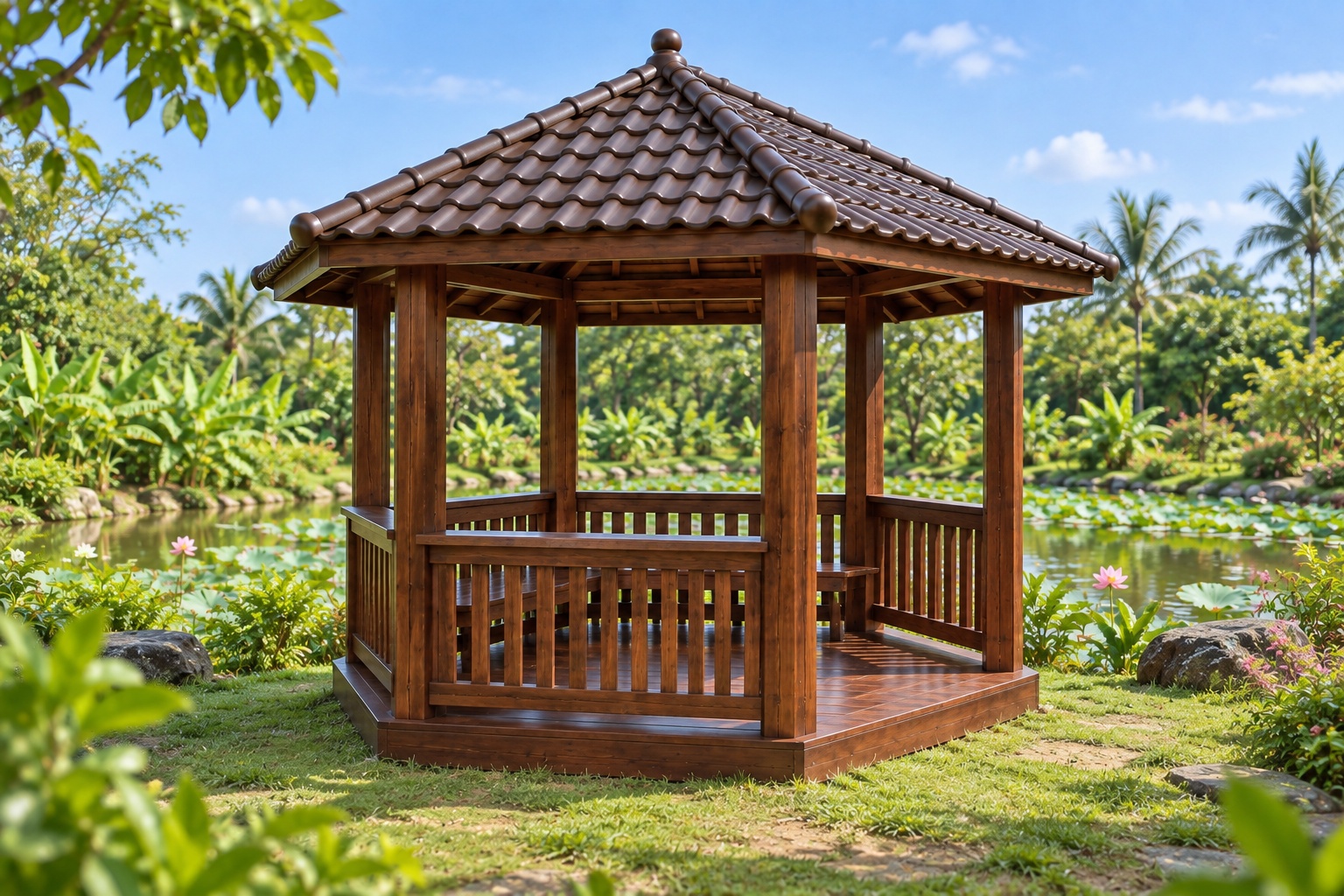 Chòi Gỗ Sân Vườn T100 - Lục Giác Lan Can Bản Rộng Ngồi Tựa Được, Gỗ Thông Màu Nâu Cánh Gián Chòi Gỗ Sân Vườn T100 - Lục Giác Lan Can Bản Rộng Ngồi Tựa Được, Gỗ Thông Màu Nâu Cánh Gián