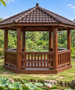 Chòi Gỗ Sân Vườn T100 - Lục Giác Lan Can Bản Rộng Ngồi Tựa Được, Gỗ Thông Màu Nâu Cánh Gián
