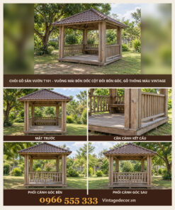 Chòi Gỗ Sân Vườn T101 - Vuông Mái Bốn Dốc Cột Đôi Bốn Góc, Gỗ Thông Màu Vintage