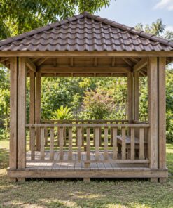 Chòi Gỗ Sân Vườn T101 - Vuông Mái Bốn Dốc Cột Đôi Bốn Góc, Gỗ Thông Màu Vintage