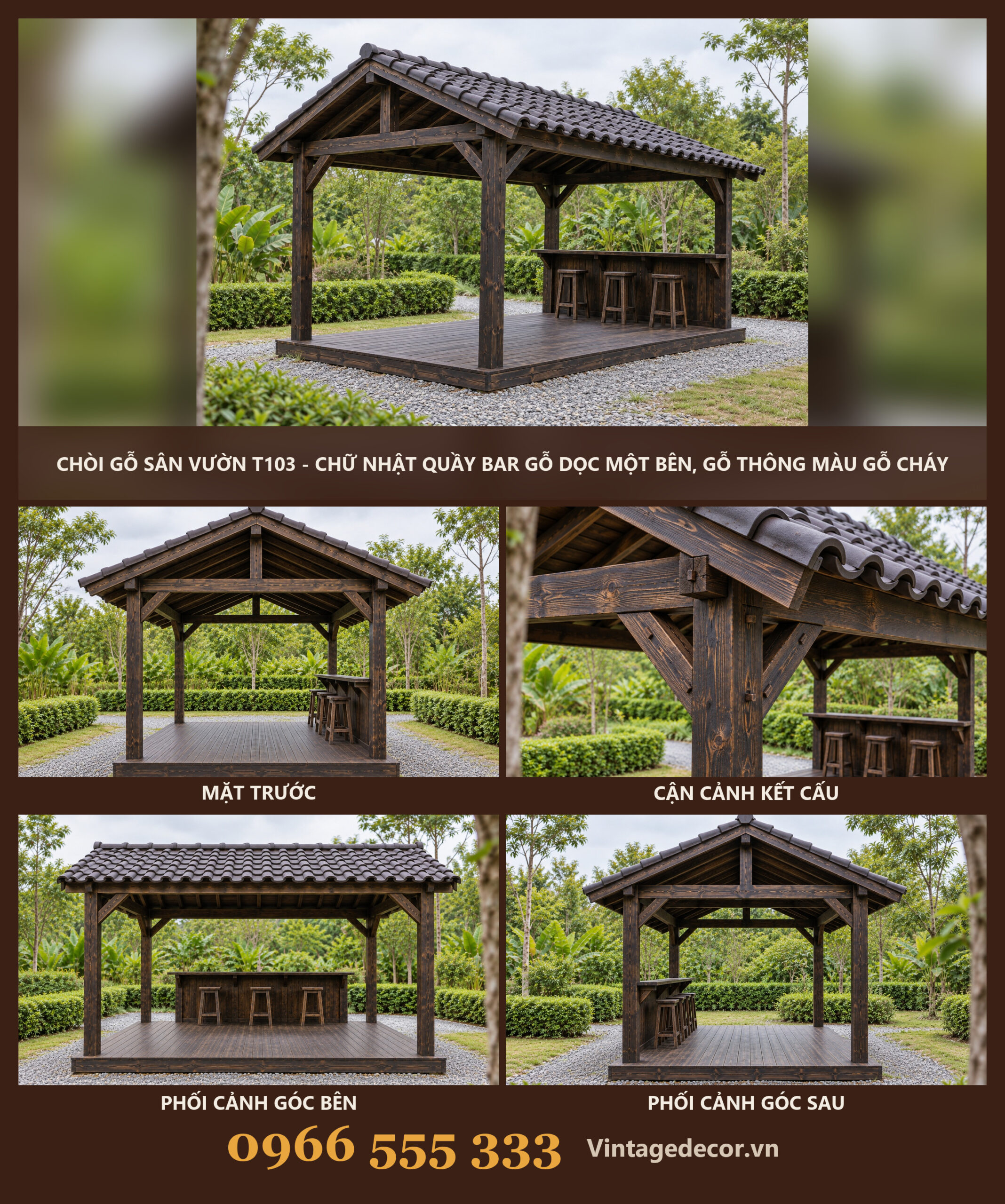 Chòi Gỗ Sân Vườn T103 - Chữ Nhật Quầy Bar Gỗ Dọc Một Bên, Gỗ Thông Màu Gỗ Cháy Chòi Gỗ Sân Vườn T103 - Chữ Nhật Quầy Bar Gỗ Dọc Một Bên, Gỗ Thông Màu Gỗ Cháy