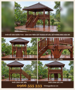 Chòi Gỗ Sân Vườn T104 - Sàn Cao Trên Cột Thang Gỗ Lên, Gỗ Thông Màu Nâu Đỏ