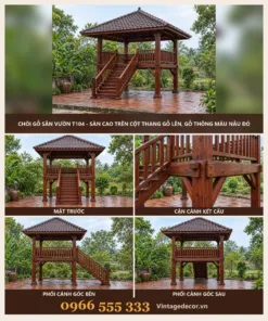 Chòi Gỗ Sân Vườn T104 - Sàn Cao Trên Cột Thang Gỗ Lên, Gỗ Thông Màu Nâu Đỏ