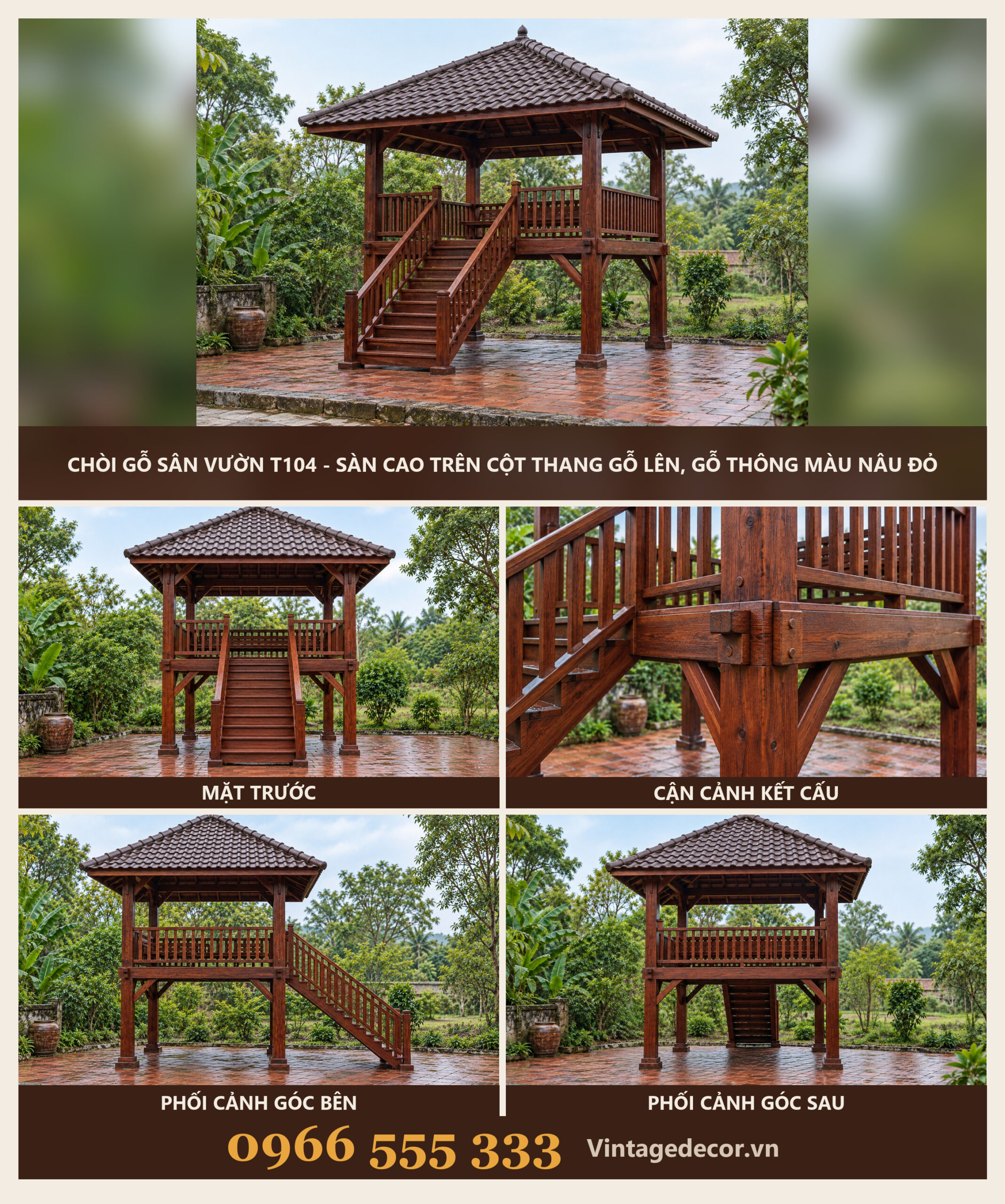 Chòi Gỗ Sân Vườn T104 - Sàn Cao Trên Cột Thang Gỗ Lên, Gỗ Thông Màu Nâu Đỏ Chòi Gỗ Sân Vườn T104 - Sàn Cao Trên Cột Thang Gỗ Lên, Gỗ Thông Màu Nâu Đỏ