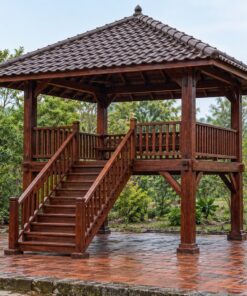 Chòi Gỗ Sân Vườn T104 - Sàn Cao Trên Cột Thang Gỗ Lên, Gỗ Thông Màu Nâu Đỏ