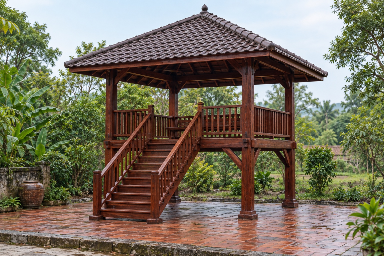 Chòi Gỗ Sân Vườn T104 - Sàn Cao Trên Cột Thang Gỗ Lên, Gỗ Thông Màu Nâu Đỏ Chòi Gỗ Sân Vườn T104 - Sàn Cao Trên Cột Thang Gỗ Lên, Gỗ Thông Màu Nâu Đỏ