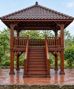 Chòi Gỗ Sân Vườn T104 - Sàn Cao Trên Cột Thang Gỗ Lên, Gỗ Thông Màu Nâu Đỏ