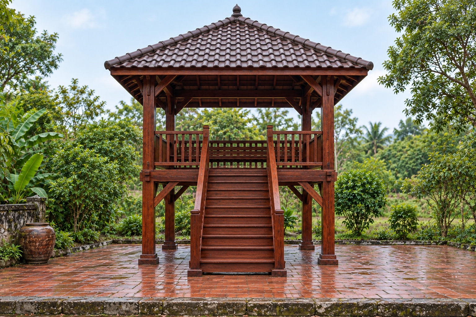 Chòi Gỗ Sân Vườn T104 - Sàn Cao Trên Cột Thang Gỗ Lên, Gỗ Thông Màu Nâu Đỏ Chòi Gỗ Sân Vườn T104 - Sàn Cao Trên Cột Thang Gỗ Lên, Gỗ Thông Màu Nâu Đỏ