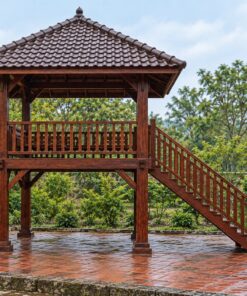 Chòi Gỗ Sân Vườn T104 - Sàn Cao Trên Cột Thang Gỗ Lên, Gỗ Thông Màu Nâu Đỏ