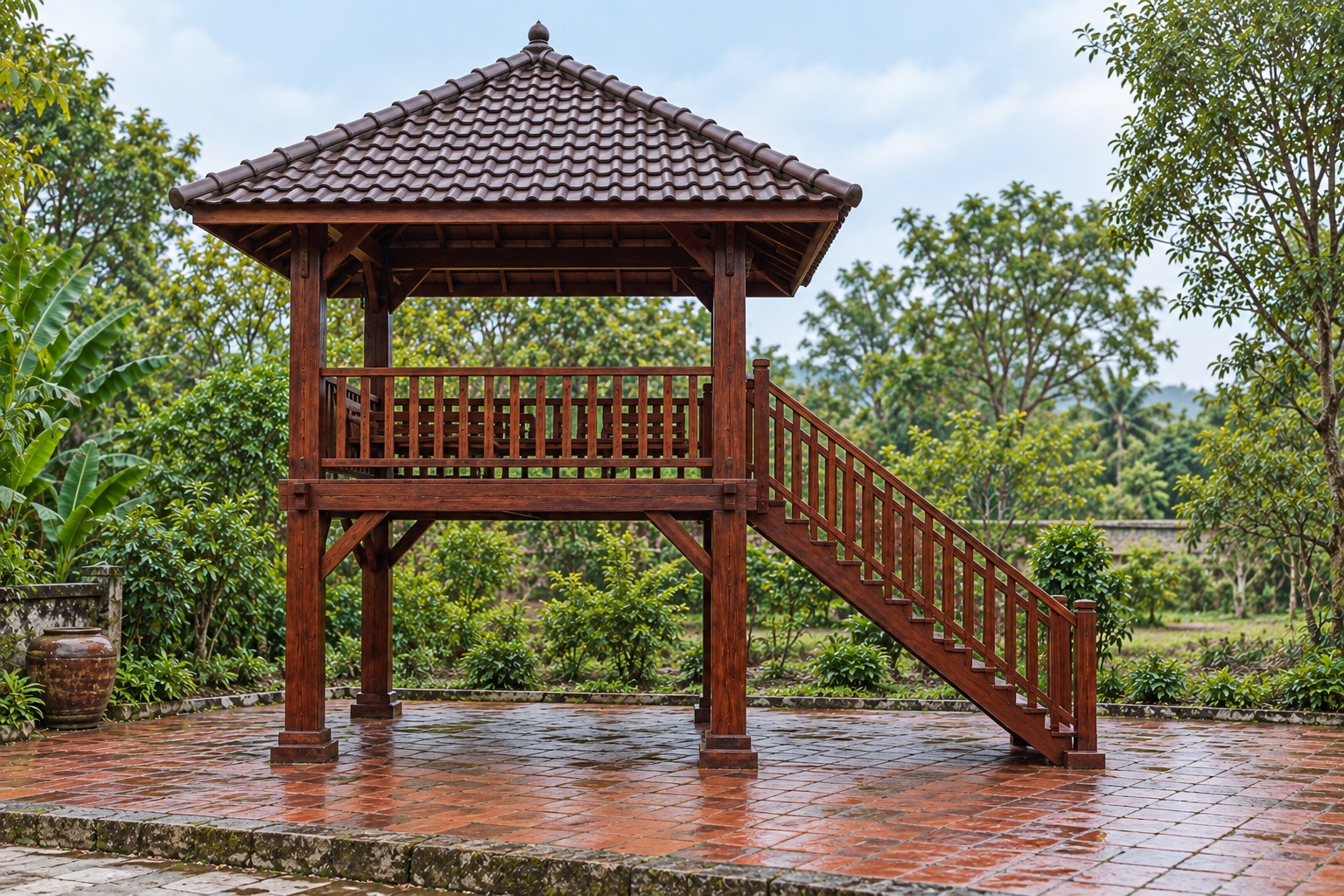 Chòi Gỗ Sân Vườn T104 - Sàn Cao Trên Cột Thang Gỗ Lên, Gỗ Thông Màu Nâu Đỏ Chòi Gỗ Sân Vườn T104 - Sàn Cao Trên Cột Thang Gỗ Lên, Gỗ Thông Màu Nâu Đỏ
