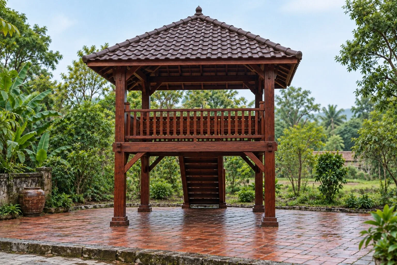Chòi gỗ T104 nhìn từ phía sau, lan can song đứng bao quanh sàn cao, cầu thang nhìn thấy qua gầm chòi để trống