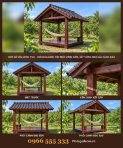 Chòi Gỗ Sân Vườn T105 - Vuông Mái Hai Dốc Treo Võng Giữa, Gỗ Thông Màu Nâu Cánh Gián