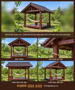 Chòi Gỗ Sân Vườn T105 - Vuông Mái Hai Dốc Treo Võng Giữa, Gỗ Thông Màu Nâu Cánh Gián