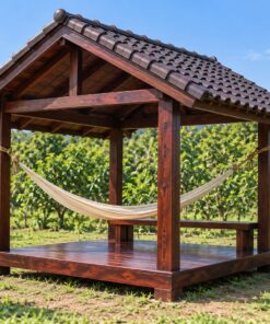 Chòi Gỗ Sân Vườn T105 - Vuông Mái Hai Dốc Treo Võng Giữa, Gỗ Thông Màu Nâu Cánh Gián