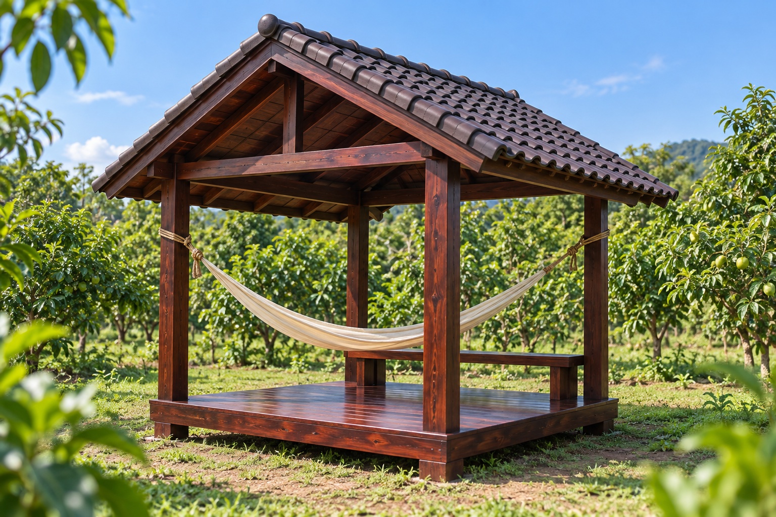 Chòi Gỗ Sân Vườn T105 - Vuông Mái Hai Dốc Treo Võng Giữa, Gỗ Thông Màu Nâu Cánh Gián Chòi Gỗ Sân Vườn T105 - Vuông Mái Hai Dốc Treo Võng Giữa, Gỗ Thông Màu Nâu Cánh Gián