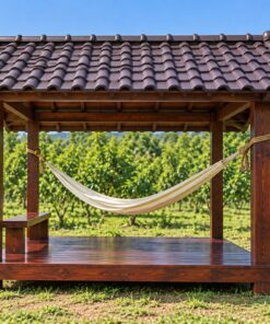 Chòi Gỗ Sân Vườn T105 - Vuông Mái Hai Dốc Treo Võng Giữa, Gỗ Thông Màu Nâu Cánh Gián