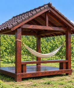 Chòi Gỗ Sân Vườn T105 - Vuông Mái Hai Dốc Treo Võng Giữa, Gỗ Thông Màu Nâu Cánh Gián