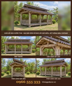 Chòi Gỗ Sân Vườn T106 - Hai Mái Lệch Có Khe Lấy Gió Giữa, Gỗ Thông Màu Vintage