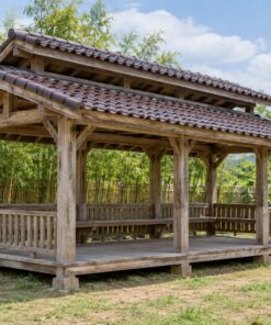 Chòi Gỗ Sân Vườn T106 - Hai Mái Lệch Có Khe Lấy Gió Giữa, Gỗ Thông Màu Vintage