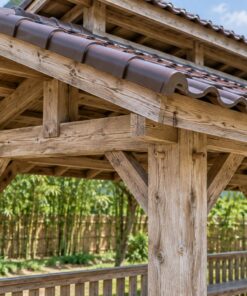 Chòi Gỗ Sân Vườn T106 - Hai Mái Lệch Có Khe Lấy Gió Giữa, Gỗ Thông Màu Vintage