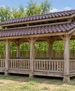 Chòi Gỗ Sân Vườn T106 - Hai Mái Lệch Có Khe Lấy Gió Giữa, Gỗ Thông Màu Vintage