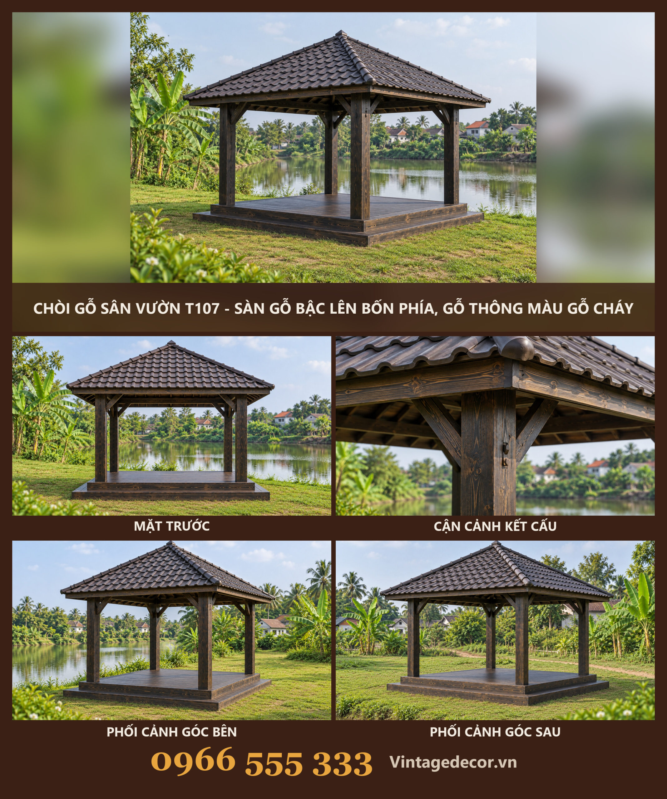 Chòi Gỗ Sân Vườn T107 - Sàn Gỗ Bậc Lên Bốn Phía, Gỗ Thông Màu Gỗ Cháy Chòi Gỗ Sân Vườn T107 - Sàn Gỗ Bậc Lên Bốn Phía, Gỗ Thông Màu Gỗ Cháy