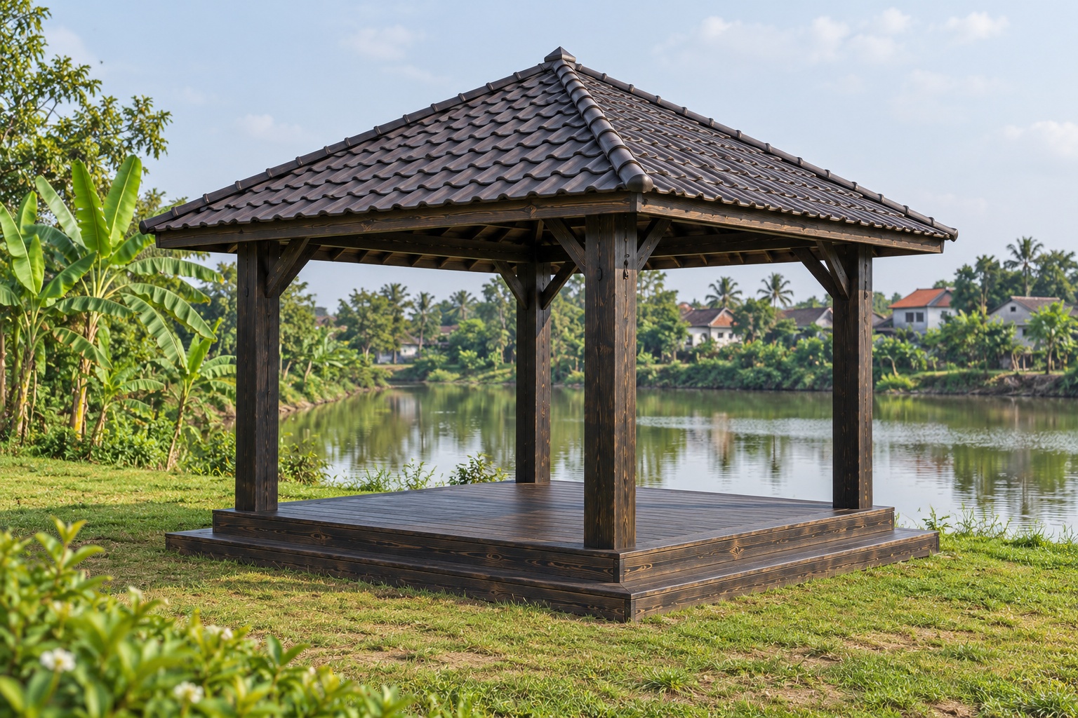 Chòi Gỗ Sân Vườn T107 - Sàn Gỗ Bậc Lên Bốn Phía, Gỗ Thông Màu Gỗ Cháy Chòi Gỗ Sân Vườn T107 - Sàn Gỗ Bậc Lên Bốn Phía, Gỗ Thông Màu Gỗ Cháy