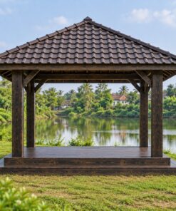 Chòi Gỗ Sân Vườn T107 - Sàn Gỗ Bậc Lên Bốn Phía, Gỗ Thông Màu Gỗ Cháy