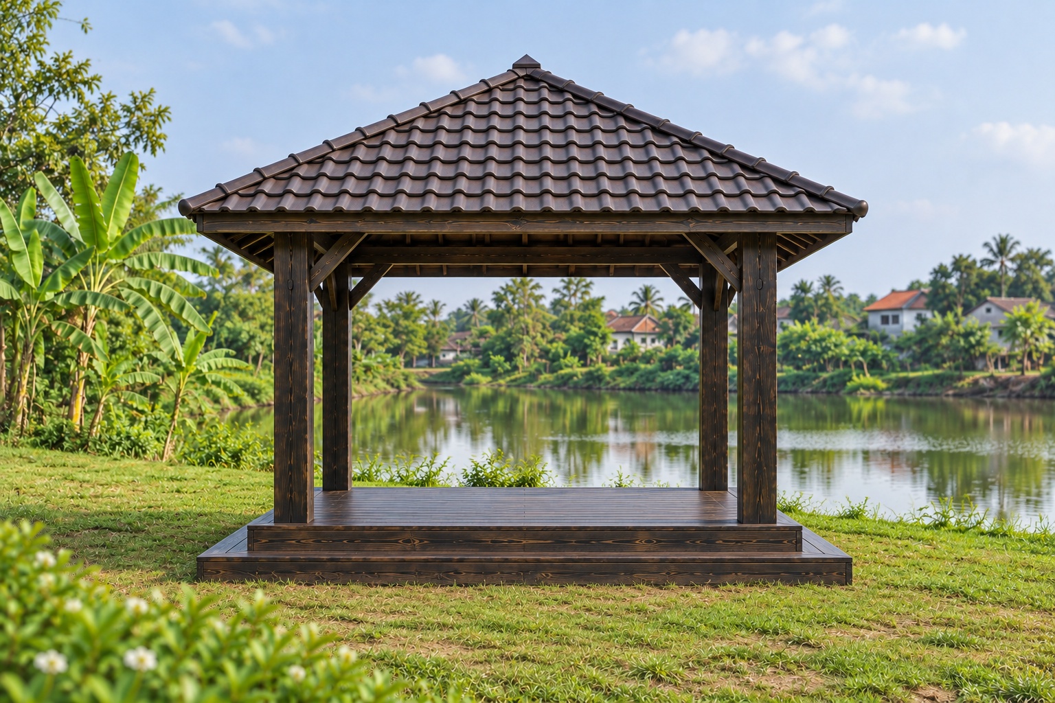 Chòi Gỗ Sân Vườn T107 - Sàn Gỗ Bậc Lên Bốn Phía, Gỗ Thông Màu Gỗ Cháy Chòi Gỗ Sân Vườn T107 - Sàn Gỗ Bậc Lên Bốn Phía, Gỗ Thông Màu Gỗ Cháy