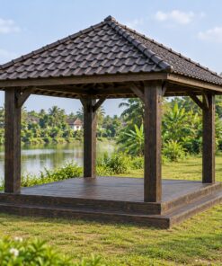 Chòi Gỗ Sân Vườn T107 - Sàn Gỗ Bậc Lên Bốn Phía, Gỗ Thông Màu Gỗ Cháy