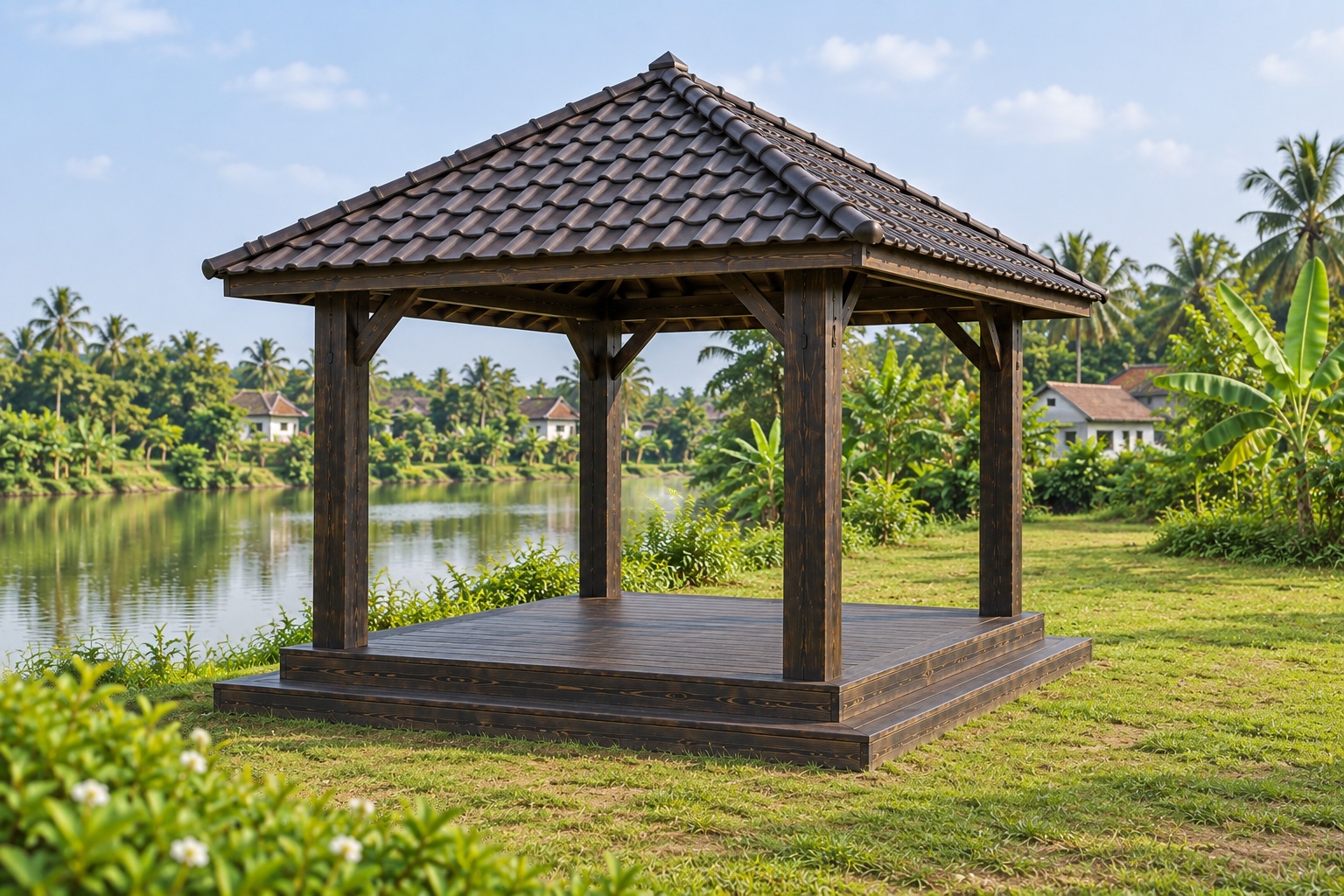 Chòi Gỗ Sân Vườn T107 - Sàn Gỗ Bậc Lên Bốn Phía, Gỗ Thông Màu Gỗ Cháy Chòi Gỗ Sân Vườn T107 - Sàn Gỗ Bậc Lên Bốn Phía, Gỗ Thông Màu Gỗ Cháy