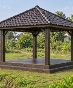 Chòi Gỗ Sân Vườn T107 - Sàn Gỗ Bậc Lên Bốn Phía, Gỗ Thông Màu Gỗ Cháy