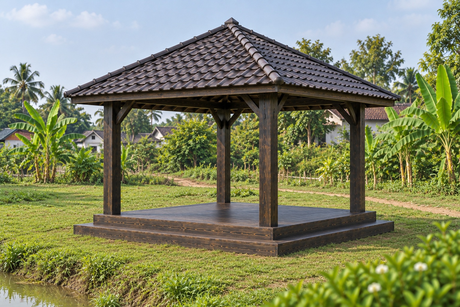 Chòi Gỗ Sân Vườn T107 - Sàn Gỗ Bậc Lên Bốn Phía, Gỗ Thông Màu Gỗ Cháy Chòi Gỗ Sân Vườn T107 - Sàn Gỗ Bậc Lên Bốn Phía, Gỗ Thông Màu Gỗ Cháy