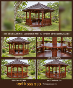 Chòi Gỗ Sân Vườn T108 - Lục Giác Bàn Tròn Ôm Cột Giữa, Gỗ Thông Màu Nâu Đỏ