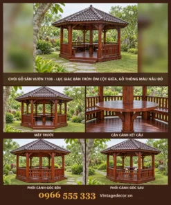 Chòi Gỗ Sân Vườn T108 - Lục Giác Bàn Tròn Ôm Cột Giữa, Gỗ Thông Màu Nâu Đỏ