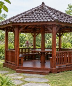 Chòi Gỗ Sân Vườn T108 - Lục Giác Bàn Tròn Ôm Cột Giữa, Gỗ Thông Màu Nâu Đỏ
